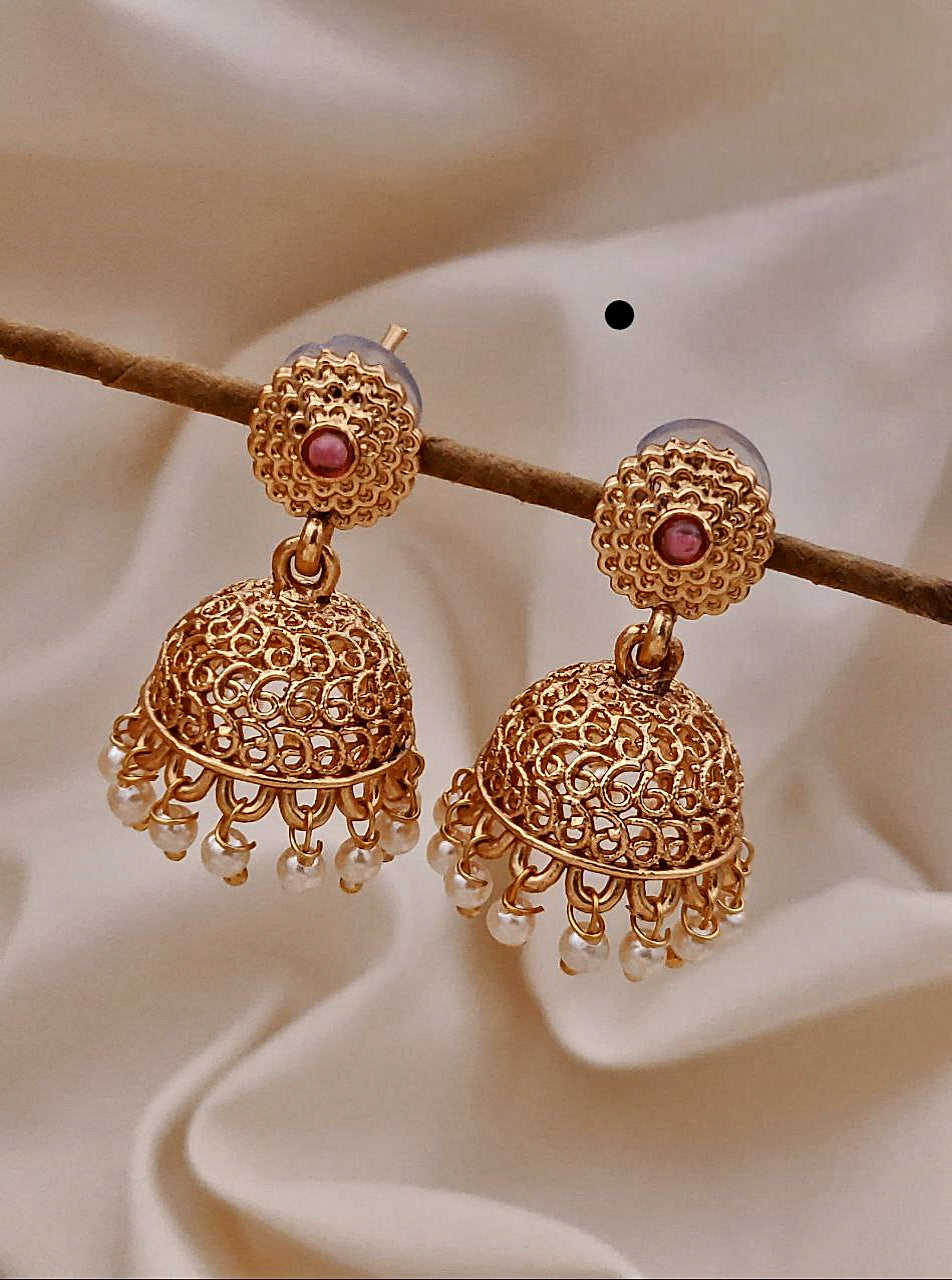Antique Gold-Plated Filigree Jhumka Earrings with Pearl Beads