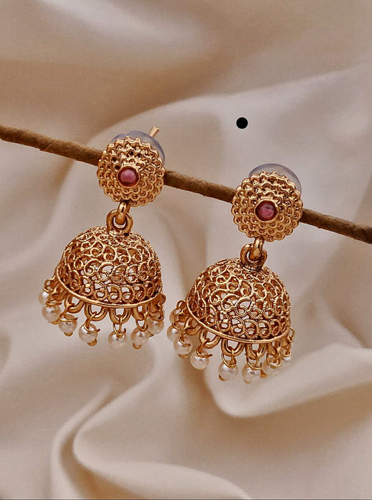 Antique Gold-Plated Filigree Jhumka Earrings with Pearl Beads