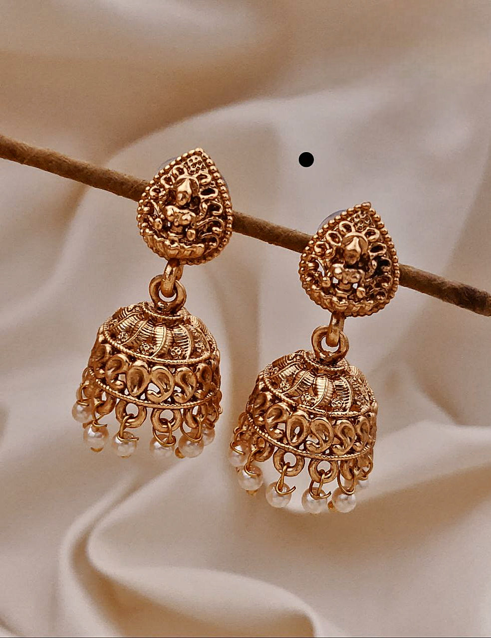 Antique Gold-Plated Temple-Style Jhumka Earrings with Pearl Beads