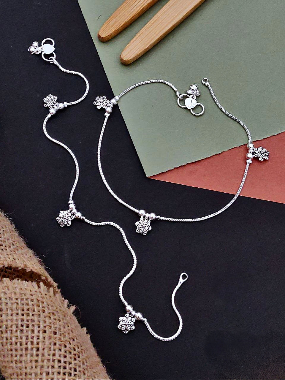 Elegant Silver-Plated Floral Anklet Pair with Dangling Charms