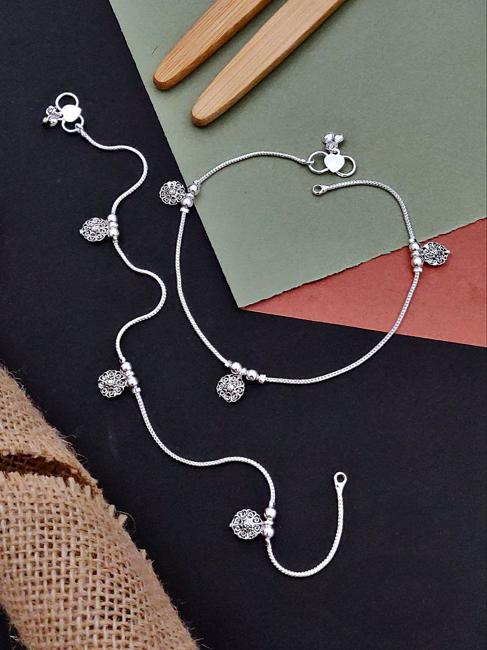 Antique Silver-Plated Filigree Charm Anklet Pair