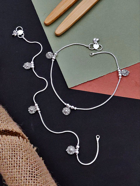 Antique Silver-Plated Filigree Charm Anklet Pair