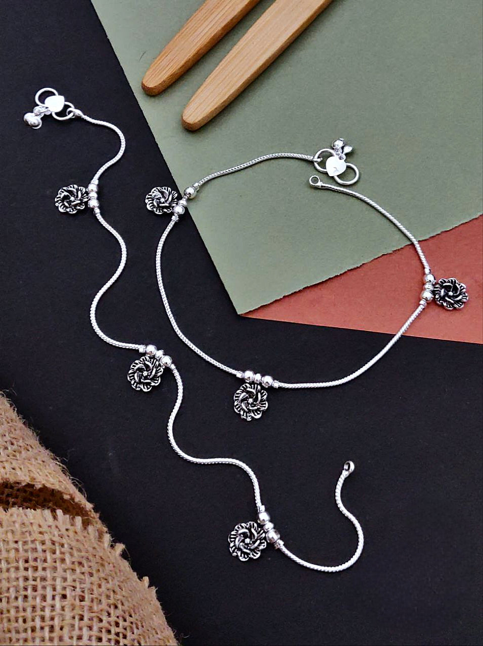 Oxidized Silver-Plated Floral Charm Anklet Pair