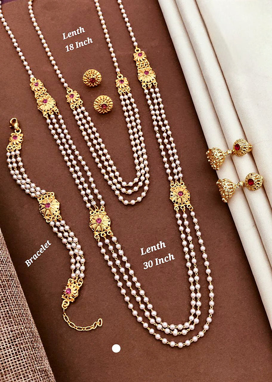 Royal Gold-Plated Pearl Jewellery Set with Long Haar, Necklace, Bracelet & Earrings