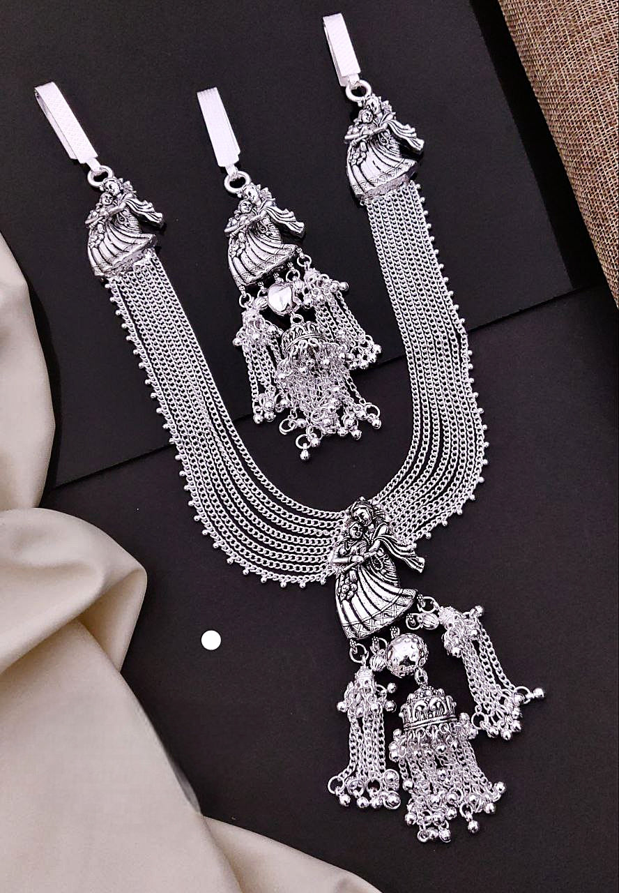 Antique Oxidized Silver Radha-Krishna Temple Kandora Set with Intricate Juda