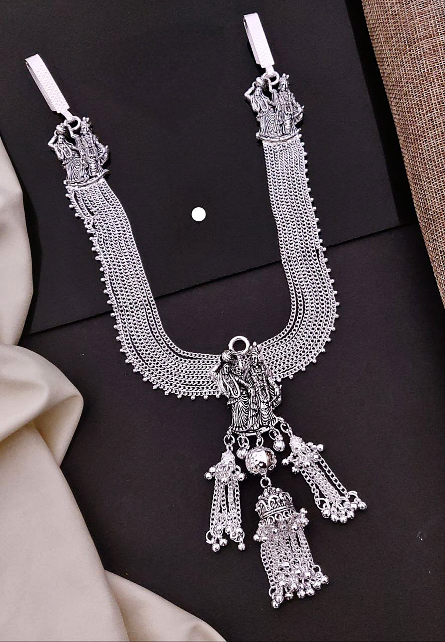 Antique Oxidized Silver Radha-Krishna Temple Kandora with Ghungroo Detailing