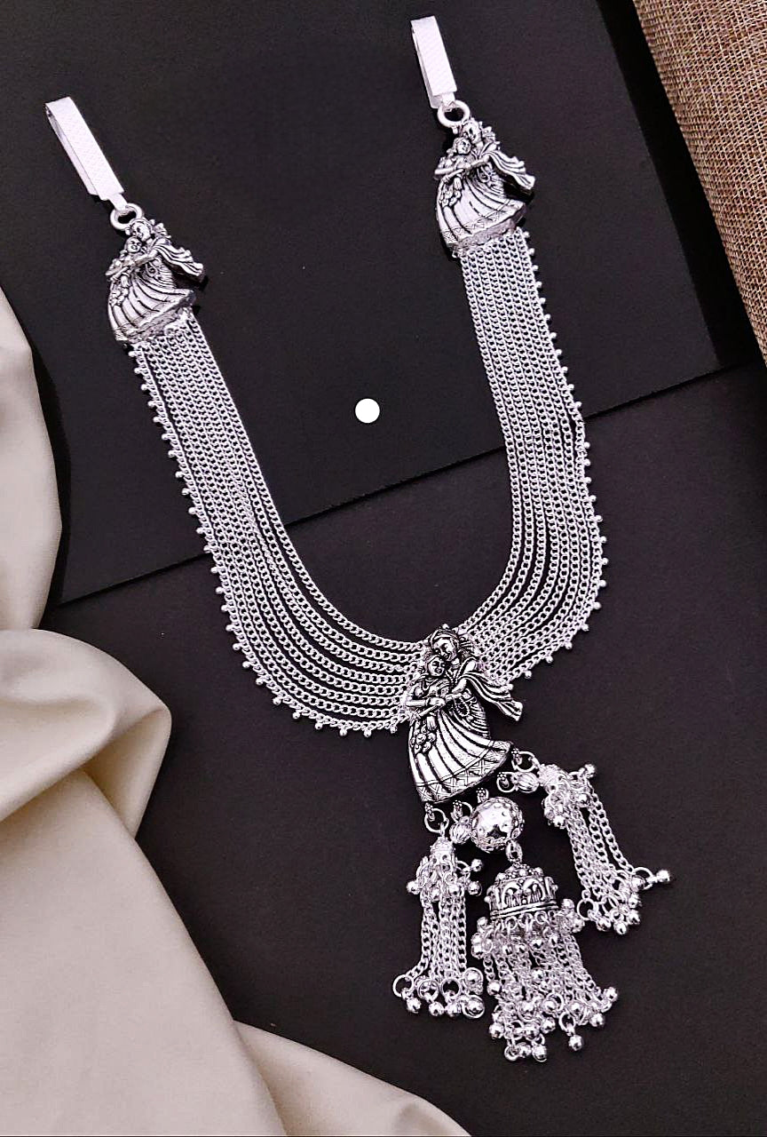 Antique Oxidized Silver Radha-Krishna Layered Temple Kandora with Ghungroo Drops