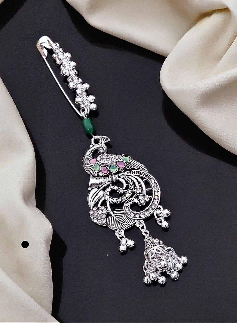 Antique Silver-Plated Peacock Saree Pin with Multicolor Enamel & Ghungroo Drops