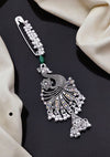 Antique Silver-Plated Peacock Saree Pin with Sparkling Stones & Ghungroo Drops