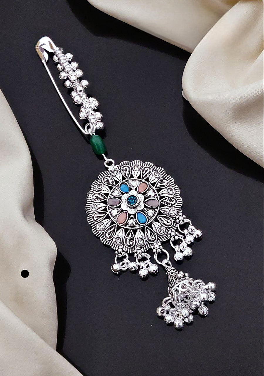 Antique Silver-Plated Saree Pin with Colorful Stones & Ghungroo Detailing