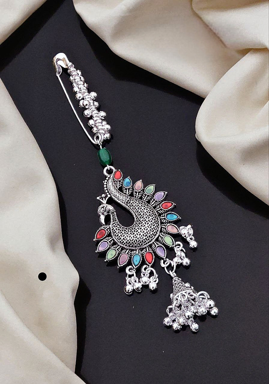 Antique Silver-Plated Peacock Saree Pin with Multicolor Stones & Ghungroos