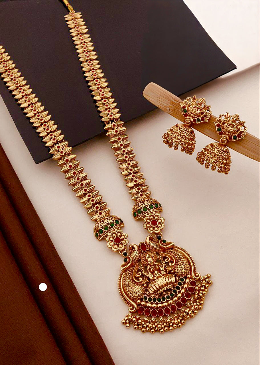 Traditional Temple Jewellery Long Haram with Goddess Pendant & Jhumka Earrings