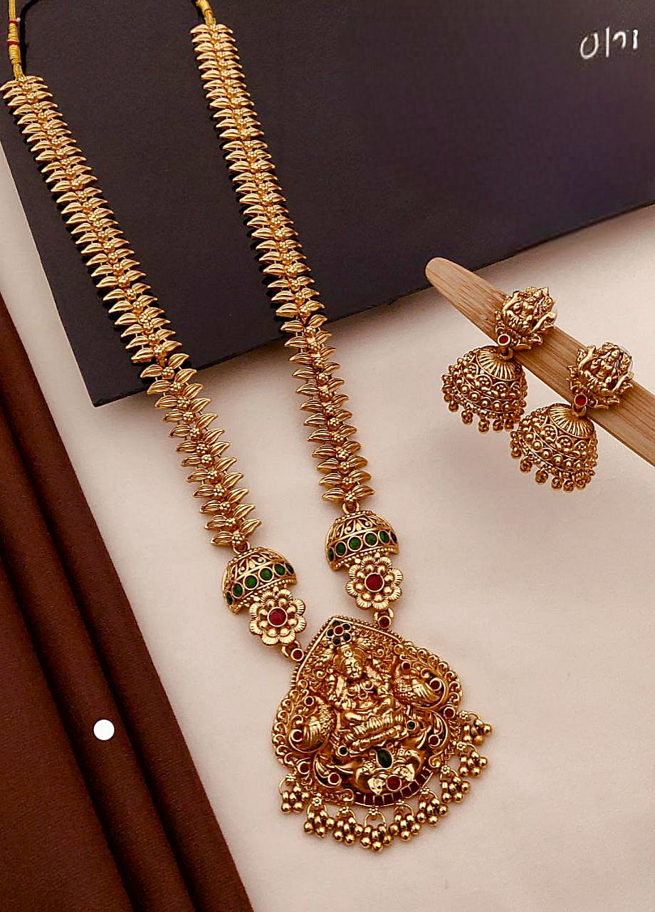 Traditional Temple Jewellery Haram with Goddess Lakshmi Pendant & Jhumka Earrings