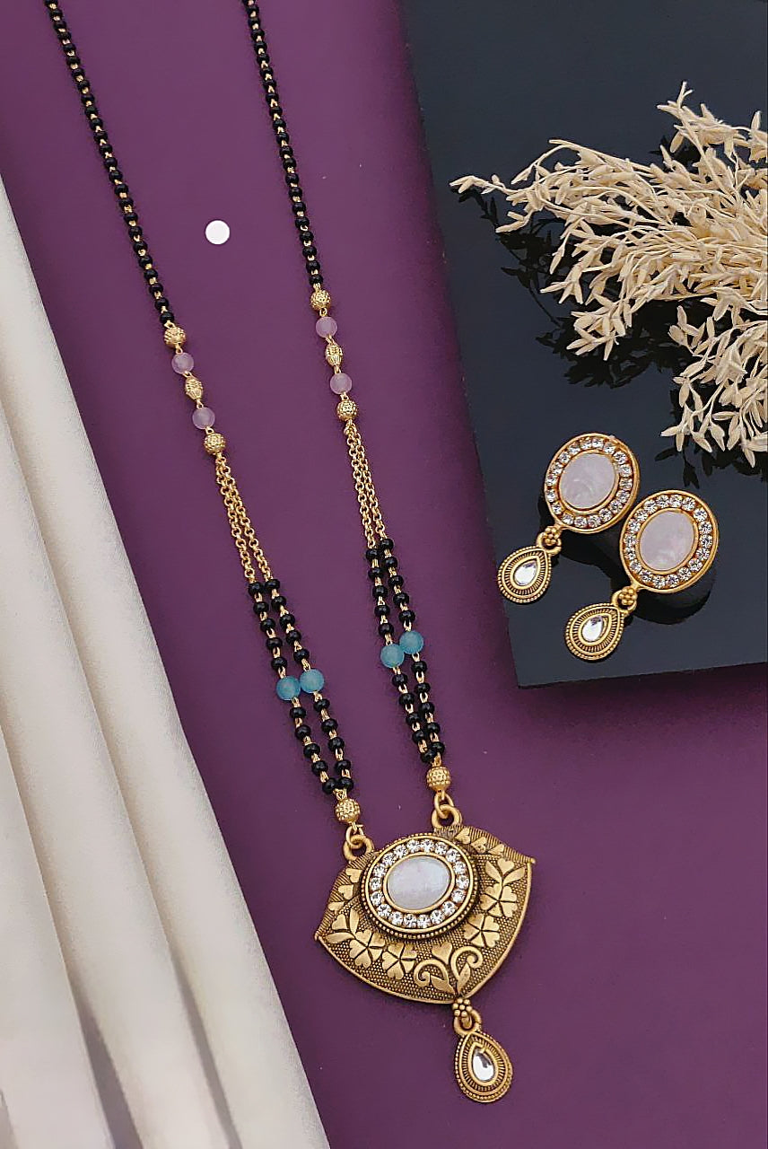 Elegant Stone-Studded Mangalsutra with Matching Earrings