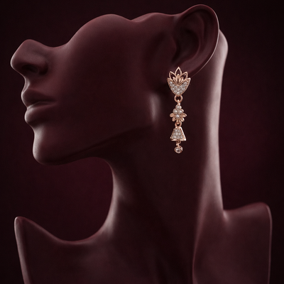 Zelra Rose Gold AD Geometric Fan & Bell Drop Earrings (AE-1)