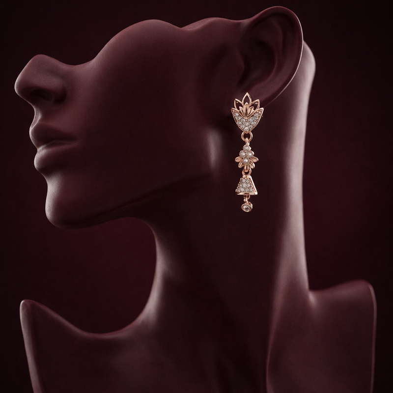 Zelra Rose Gold AD Geometric Fan & Bell Drop Earrings (AE-1)